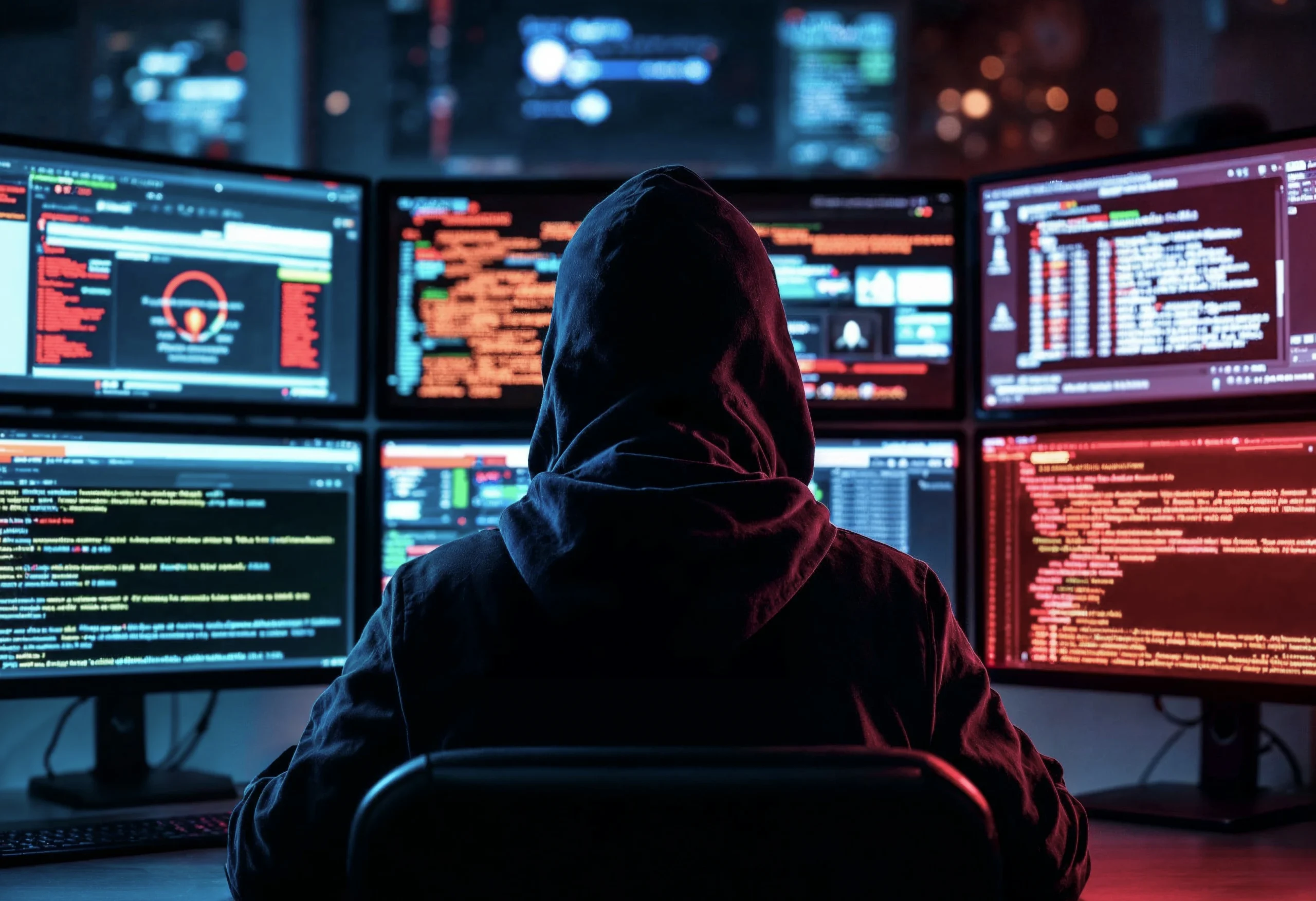 Invasão de privacidade é crime: hacker monitorando dispositivos e câmeras em múltiplas telas