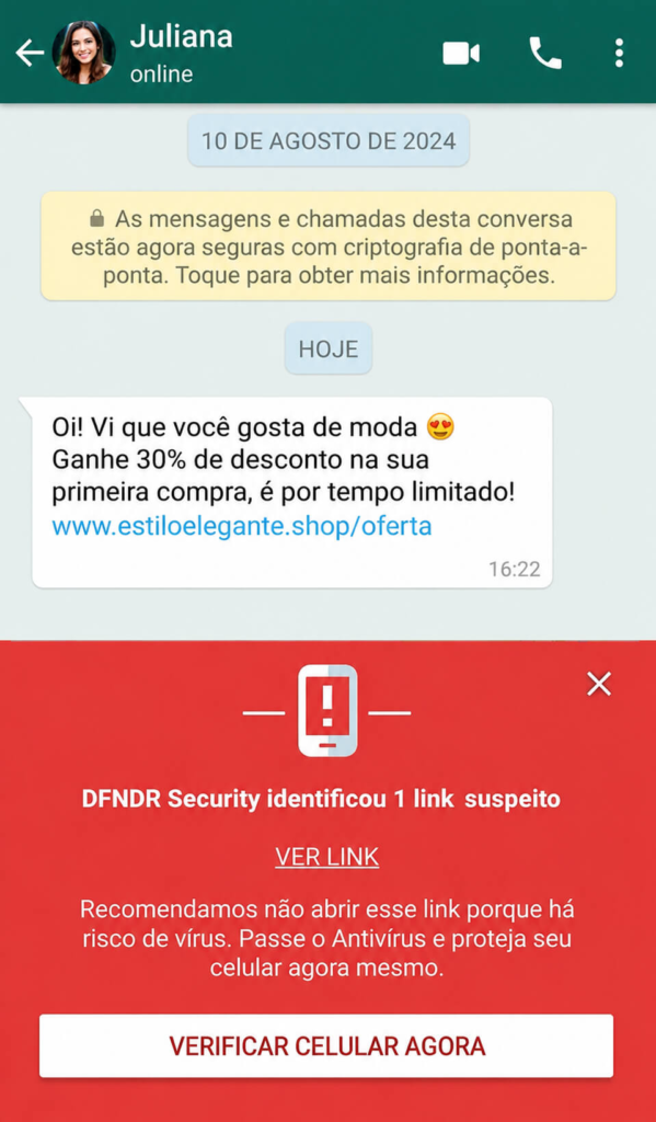 alerta de link suspeito no WhatsApp com aviso de possível vírus no celular