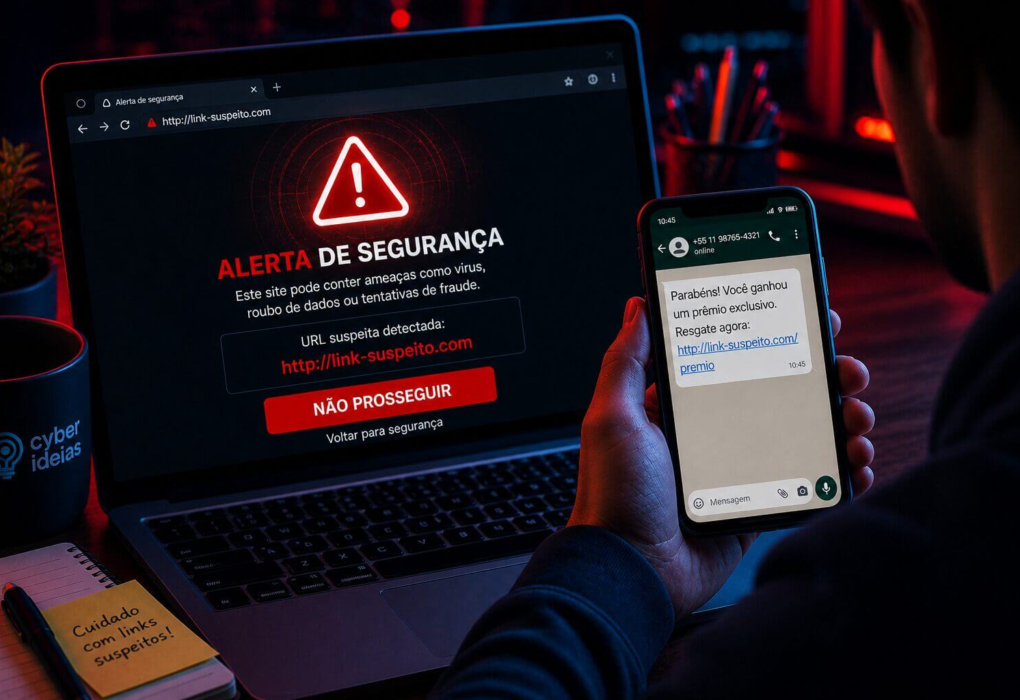 Links com vírus exibidos em notebook e celular com alerta de segurança digital