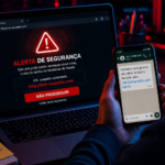 Links com vírus exibidos em notebook e celular com alerta de segurança digital