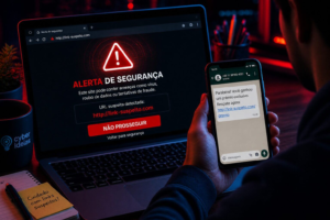 Links com vírus exibidos em notebook e celular com alerta de segurança digital
