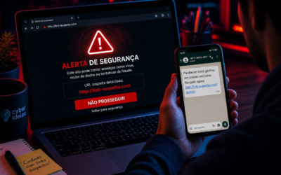 Links com vírus exibidos em notebook e celular com alerta de segurança digital