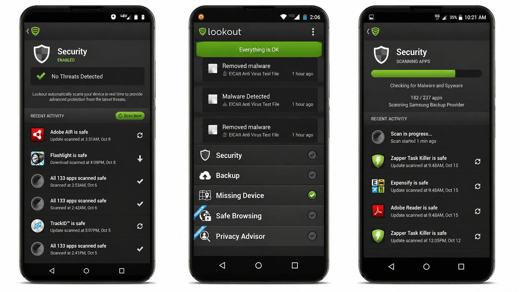 Telas do aplicativo Lookout Mobile Security para Android exibindo proteção em tempo real, detecção de malware e varredura de aplicativos.