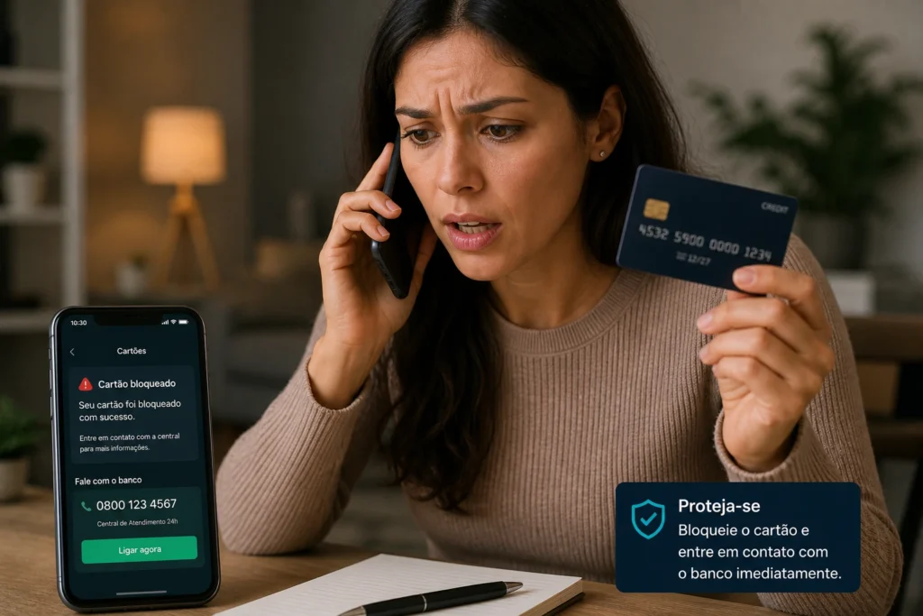 tem como saber quem comprou no meu cartão pela internet mulher ligando para o banco com cartão na mão
