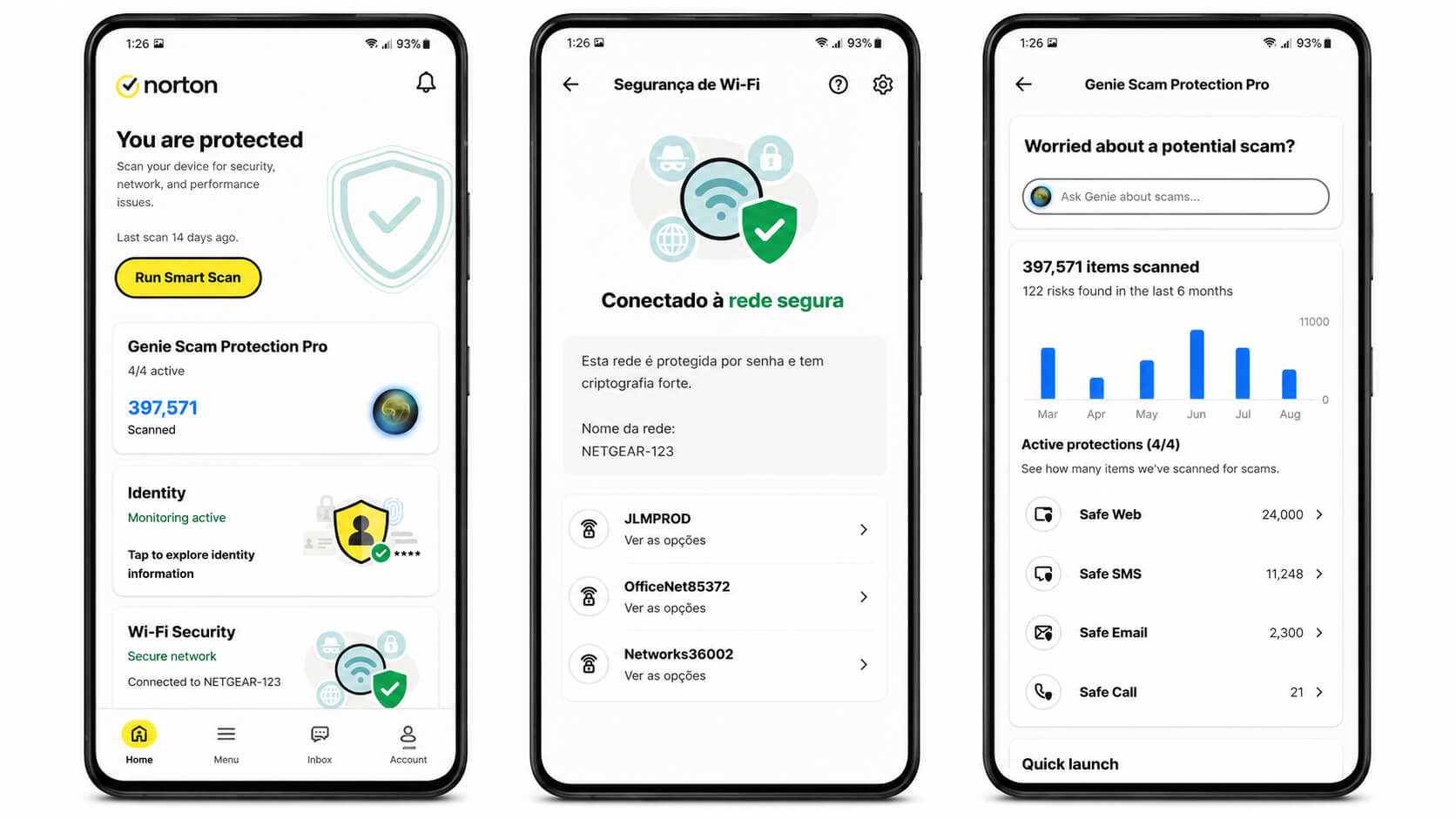 Telas do Norton Mobile Security exibindo proteção do dispositivo, segurança de Wi-Fi e monitoramento contra golpes no aplicativo Android.