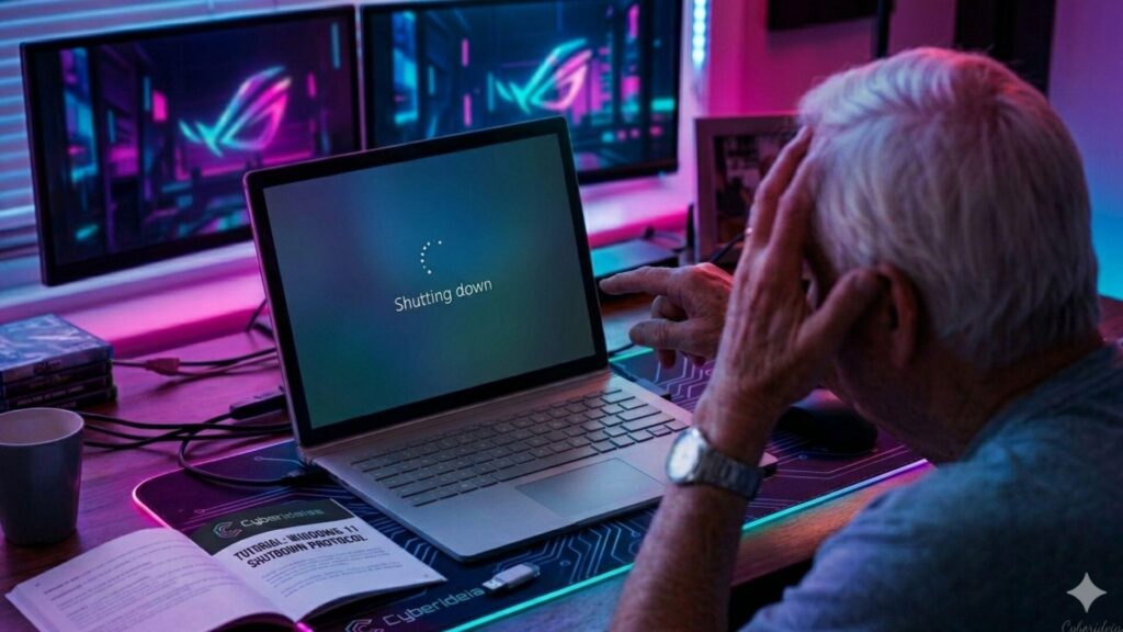 Homem idoso expressando frustração diante de um notebook desligando sozinho com tela azul do Windows 11 em uma mesa com iluminação gamer neon.
