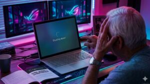Homem idoso expressando frustração diante de um notebook desligando sozinho com tela azul do Windows 11 em uma mesa com iluminação gamer neon.