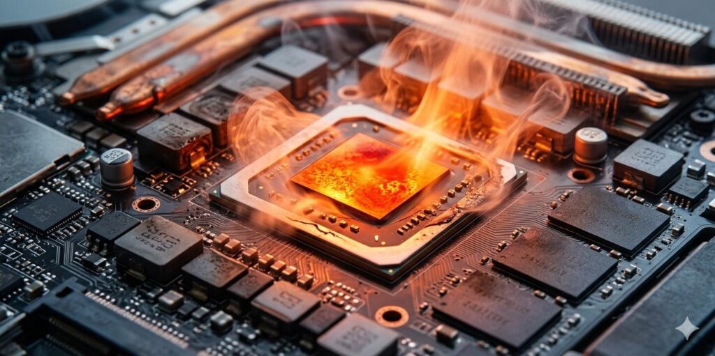 Close-up dramático da placa-mãe de um notebook com o processador central (CPU) superaquecido, brilhando em vermelho incandescente e emitindo fumaça. Os tubos de resfriamento de cobre e componentes eletrônicos estão expostos. Esta imagem ilustra uma causa comum para o problema de notebook desligando sozinho.