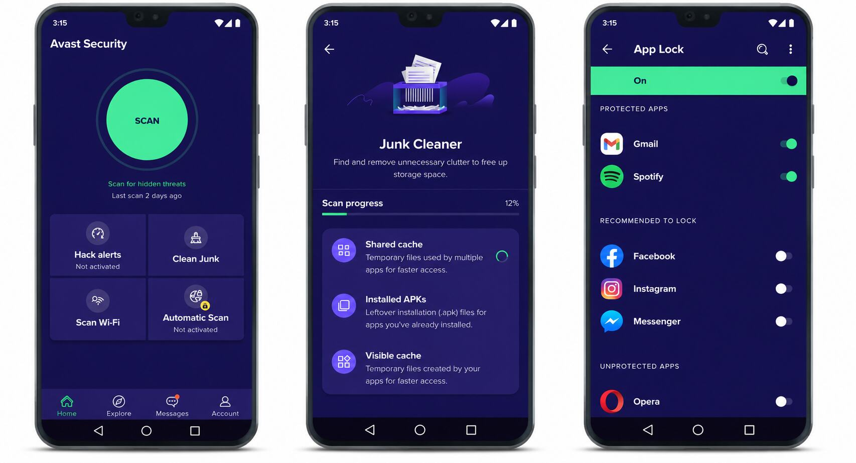 Três telas do Avast Security para Android mostrando recursos de antivírus, limpeza de arquivos e bloqueio de aplicativos no celular.