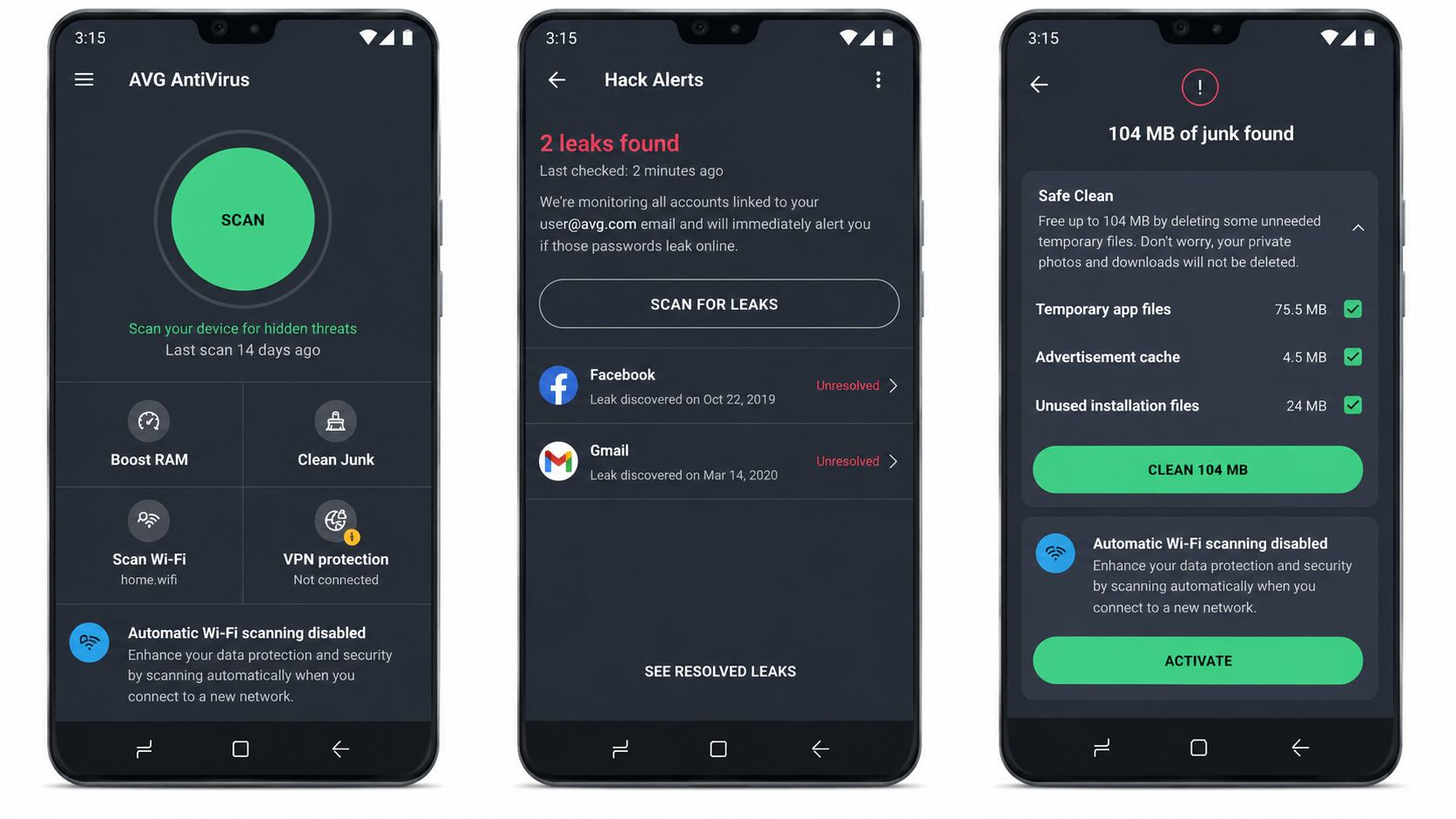 Três telas do AVG AntiVirus para Android mostrando recursos de verificação de ameaças, alertas de vazamento e limpeza de arquivos no celular.