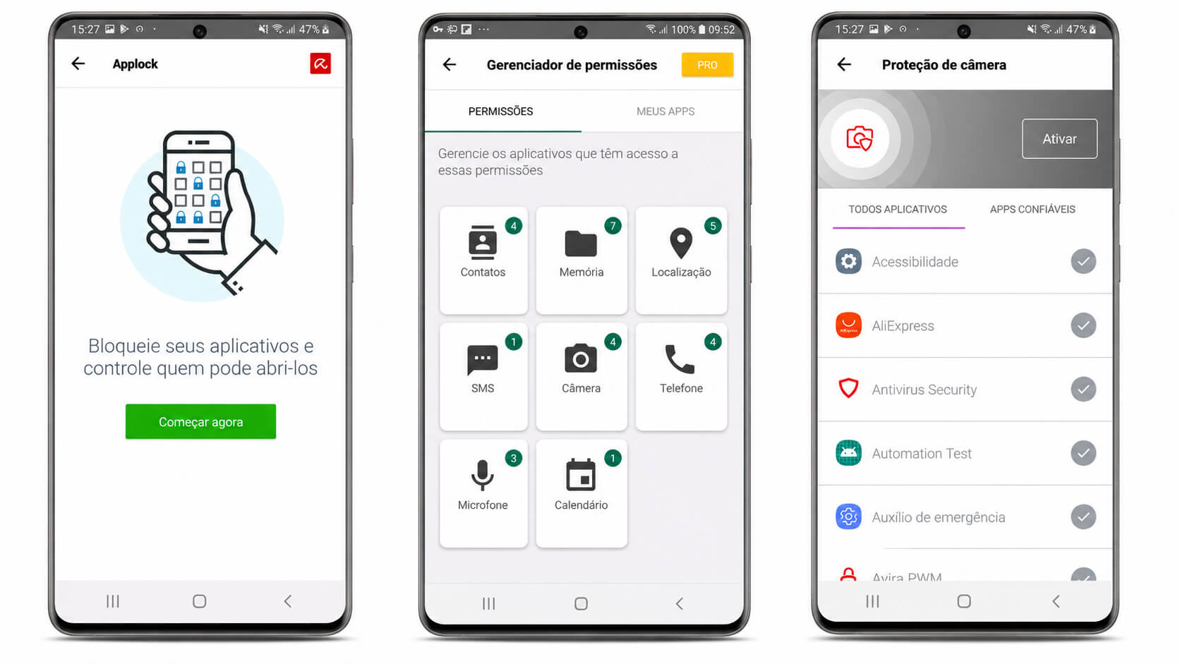Telas do Avira Security para Android mostrando recursos de bloqueio de aplicativos, gerenciamento de permissões e proteção da câmera.