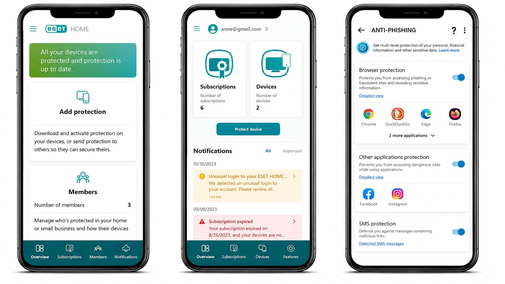 Telas do ESET Mobile Security mostrando recursos de proteção, gerenciamento de dispositivos e proteção antiphishing no celular.