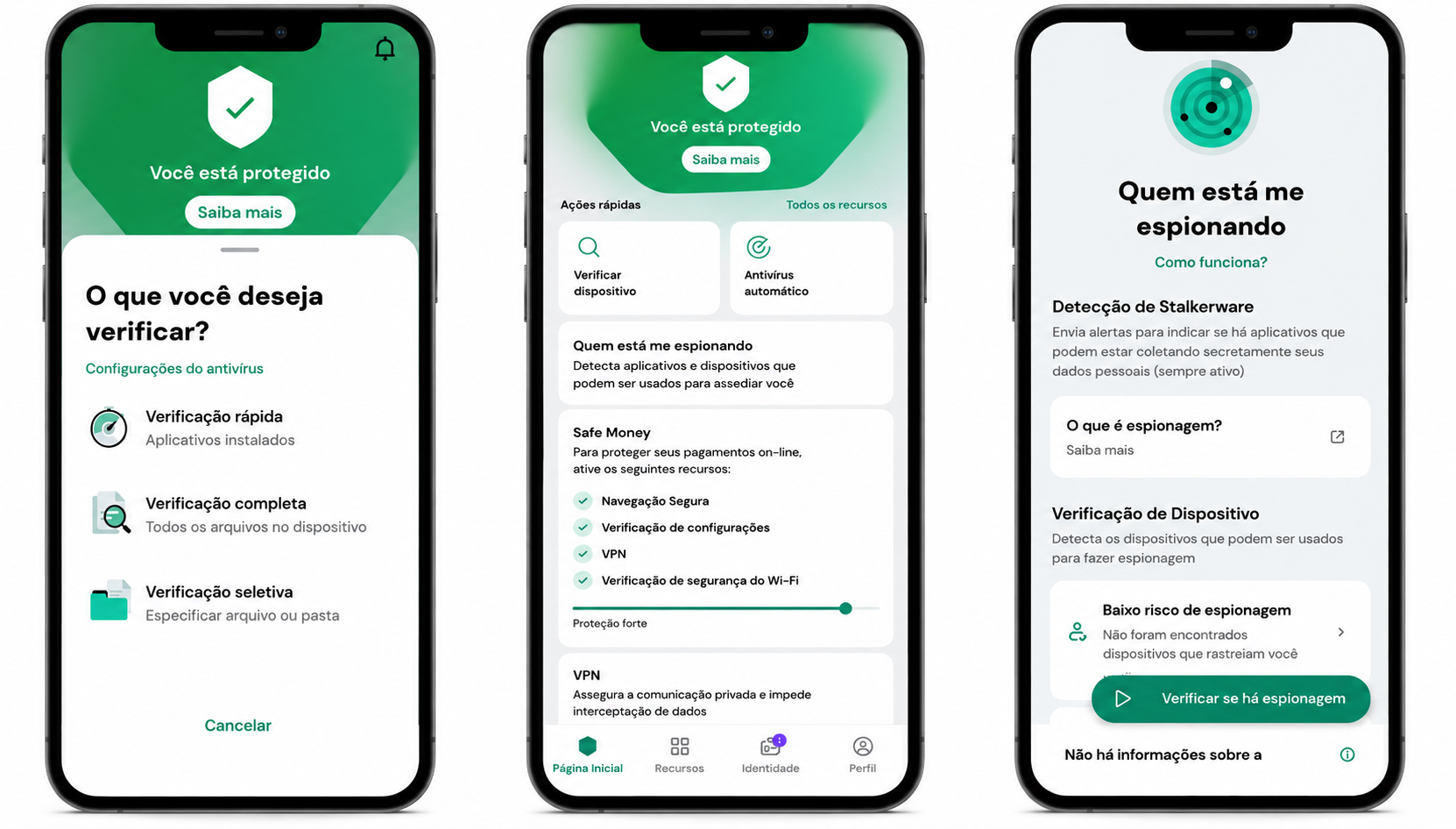 Três telas do Kaspersky Mobile Security para Android exibindo recursos de proteção, verificação de ameaças e privacidade no celular.