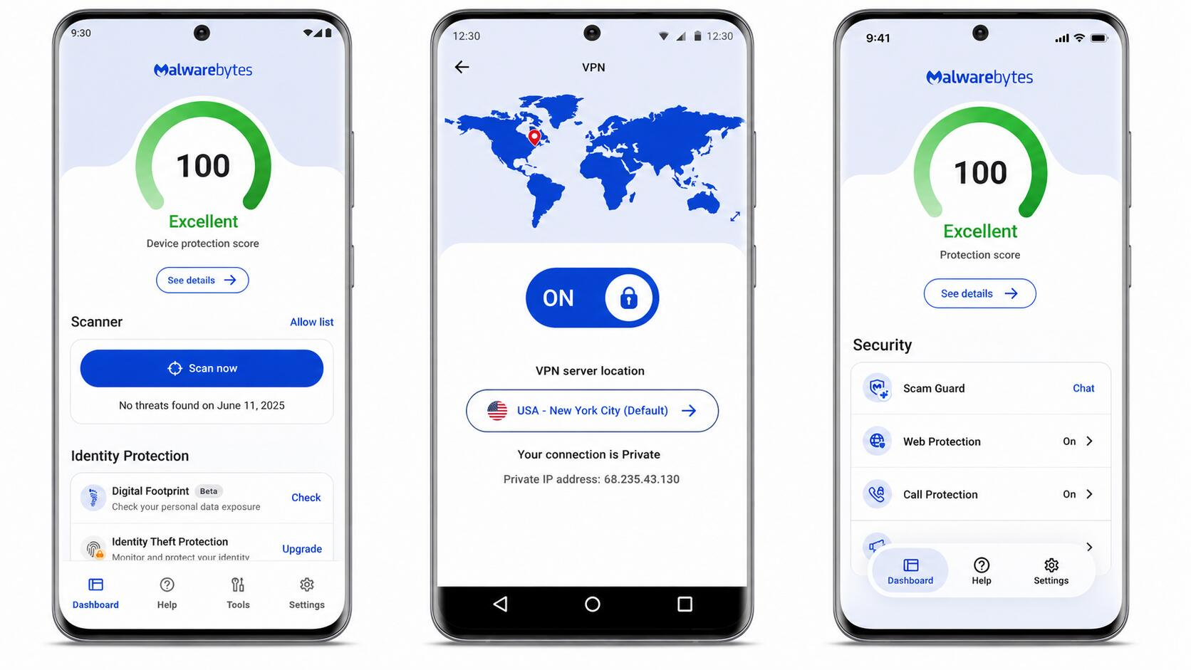 Três telas do Malwarebytes Mobile Security exibindo recursos de proteção, VPN e segurança contra ameaças no celular.
