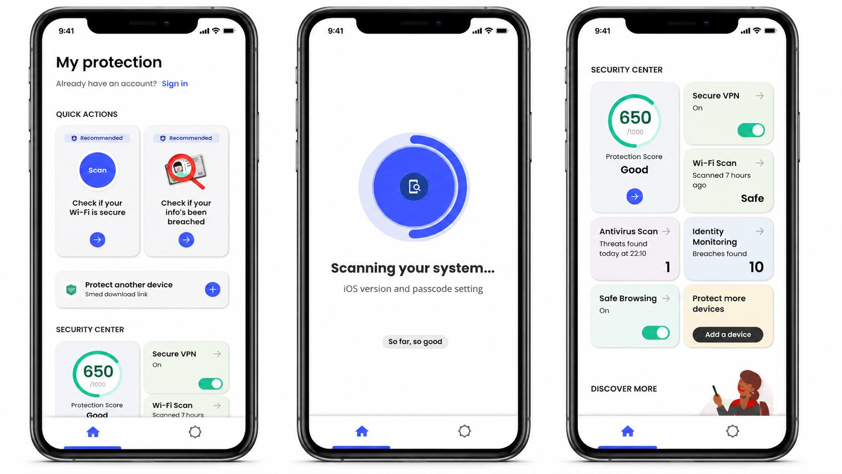 Três telas do McAfee Mobile Security mostrando recursos de proteção, escaneamento do sistema e monitoramento de segurança.