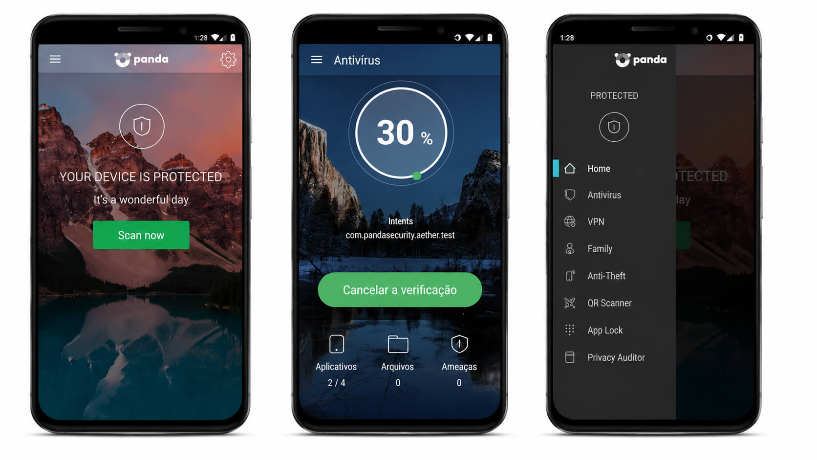 Telas do Panda Dome Security para Android mostrando proteção do dispositivo, escaneamento antivírus e menu de recursos de segurança.