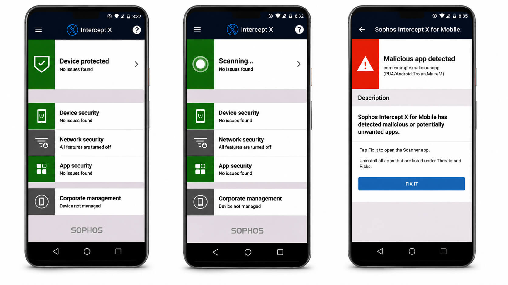 Telas do Sophos Intercept X para Android mostrando proteção do dispositivo, escaneamento de ameaças e detecção de aplicativo malicioso.