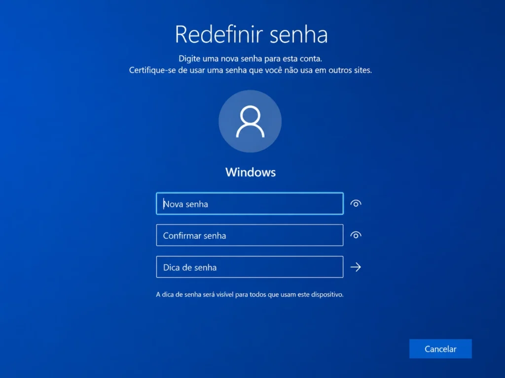 Tela de redefinição de senha do Windows com campos para nova senha, confirmação e dica de segurança
