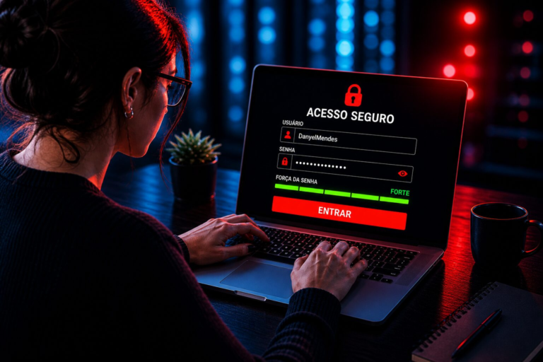 senha segura sendo criada com medidor de força indicando forte em tela de login
