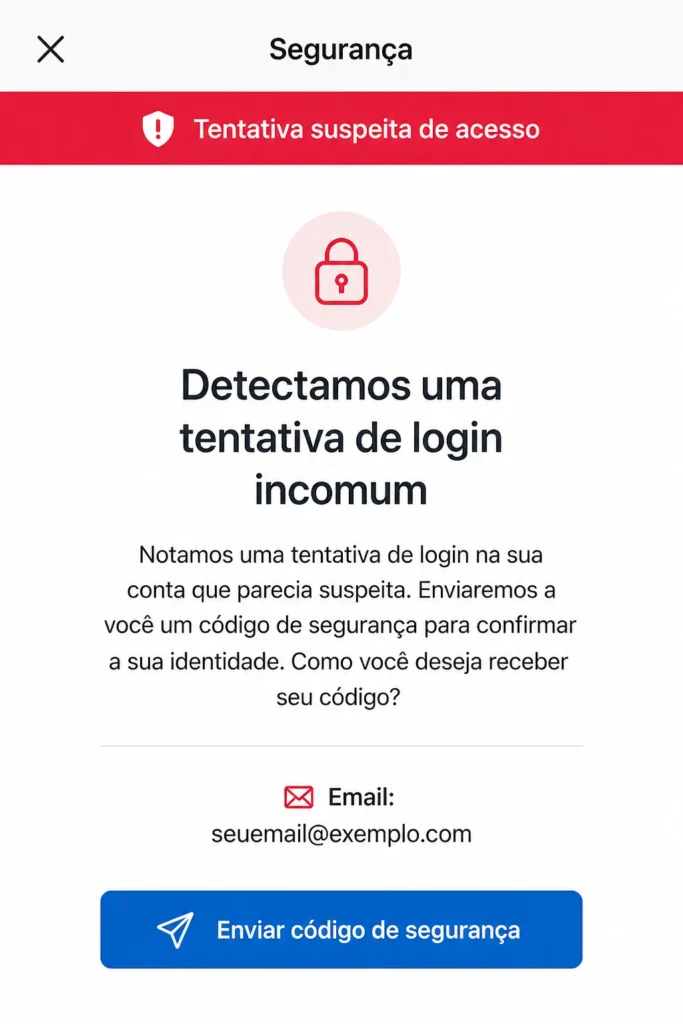 Tela de alerta de segurança indicando tentativa suspeita de login com envio de código de verificação