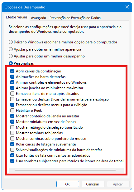 Janela de opções de desempenho do Windows 11 com configurações de efeitos visuais ajustadas para melhorar a performance do sistema