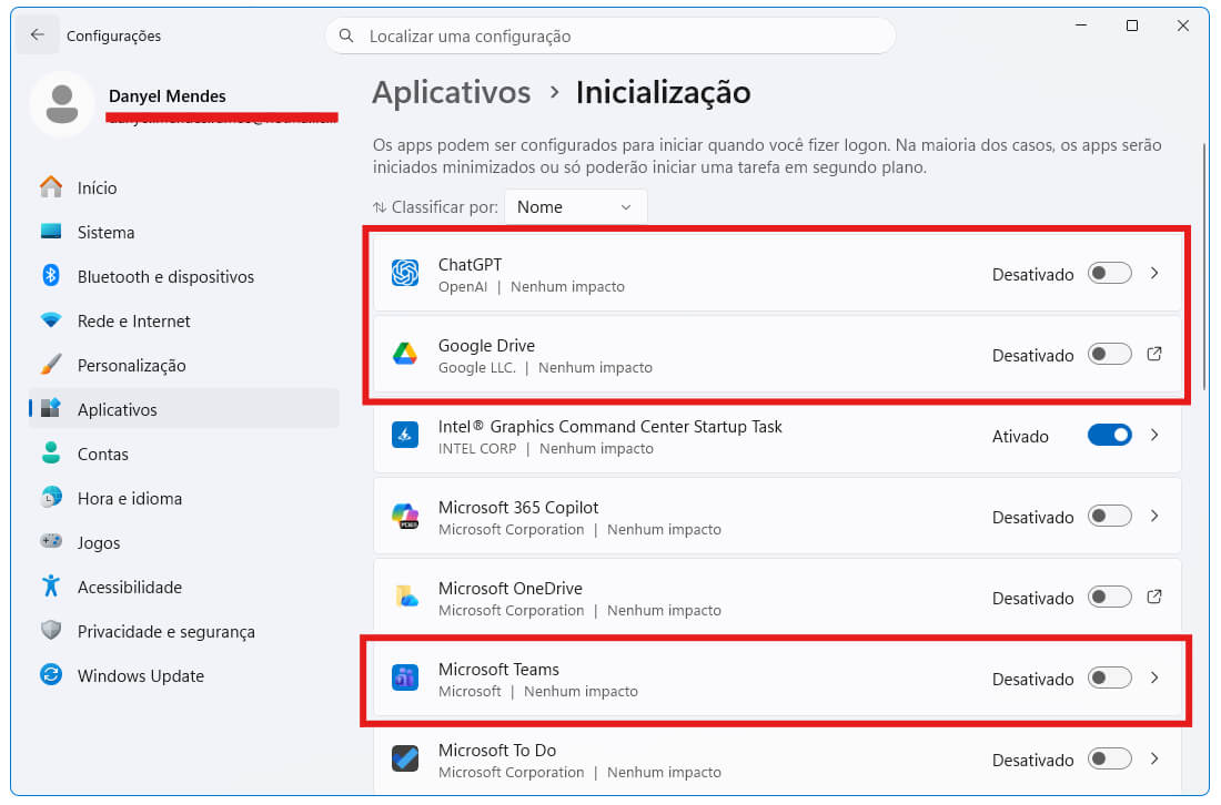 Tela de aplicativos de inicialização do Windows 11 mostrando ChatGPT, Google Drive e Microsoft Teams desativados na inicialização automática