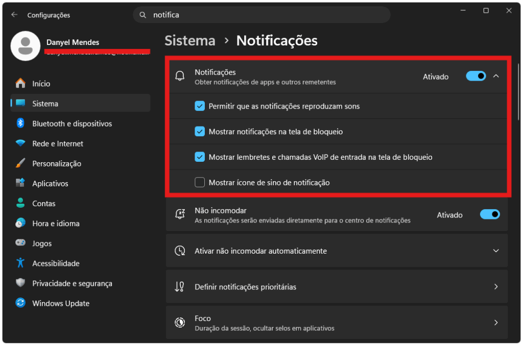 Tela de notificações do Windows 11 mostrando opções para desativar alertas e sons do sistema