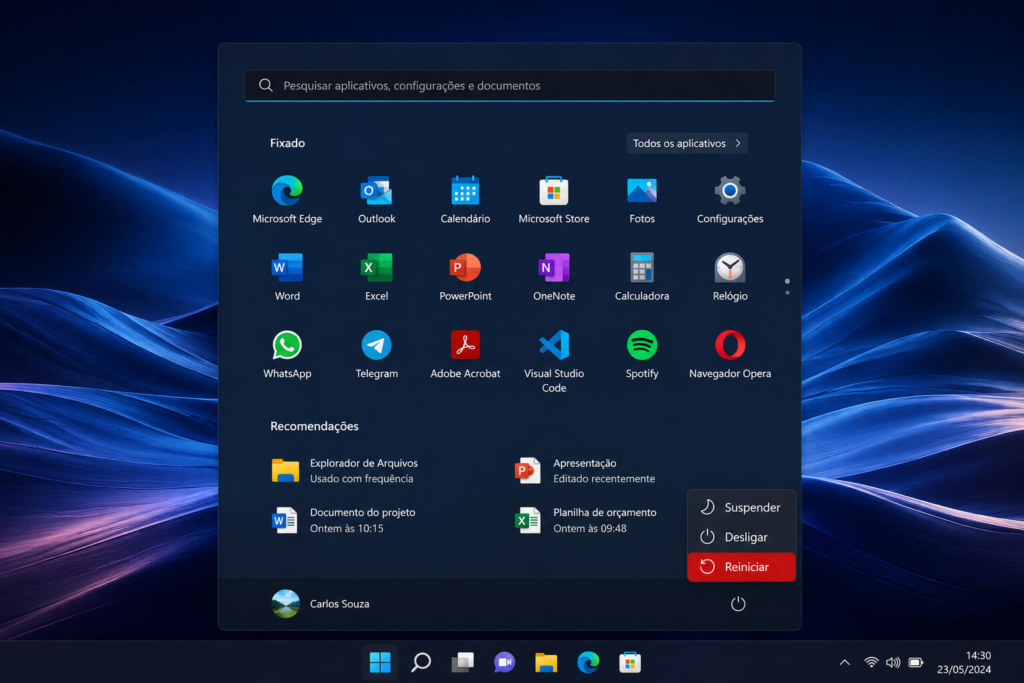 Menu iniciar do Windows 11 em português com botão Reiniciar destacado em vermelho e papel de parede azul moderno