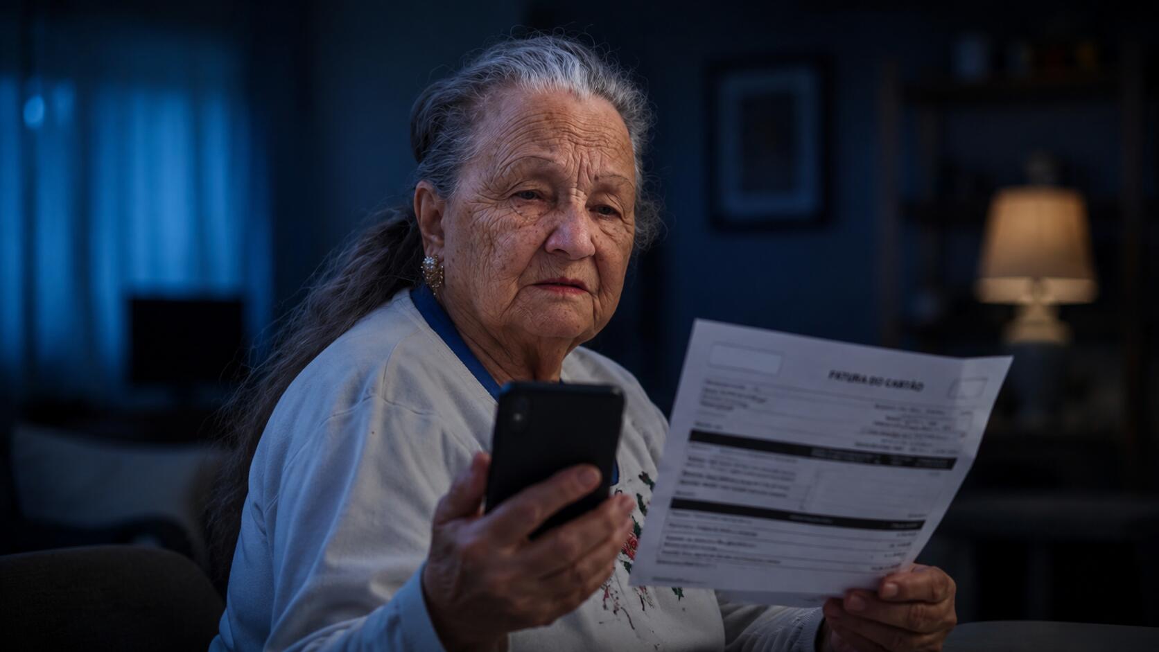 Cartão clonado: idosa verifica fatura e celular após compra não reconhecida