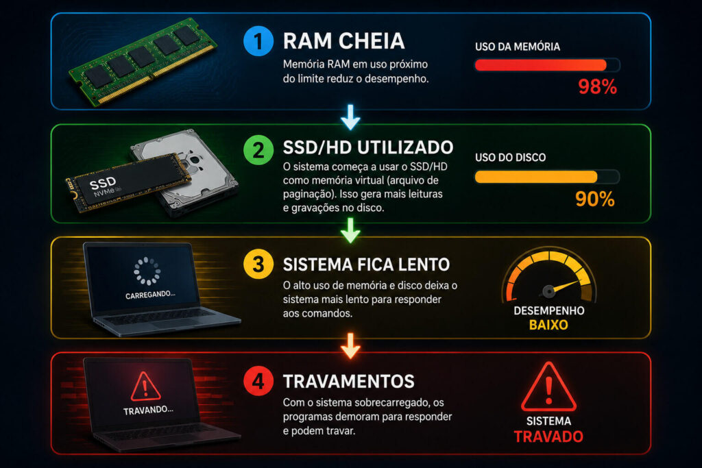 Infográfico mostrando como a falta de memória RAM causa travamentos no notebook