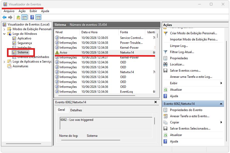 Visualizador de Eventos do Windows usado para identificar porque o PC reiniciando sozinho