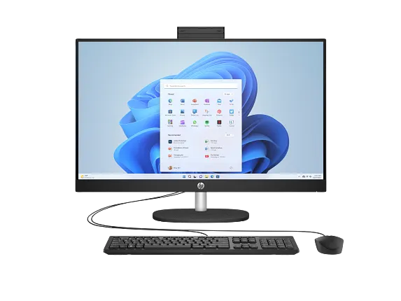 Computador HP All-in-One 27-cr1096t preto com tela de 27 polegadas.