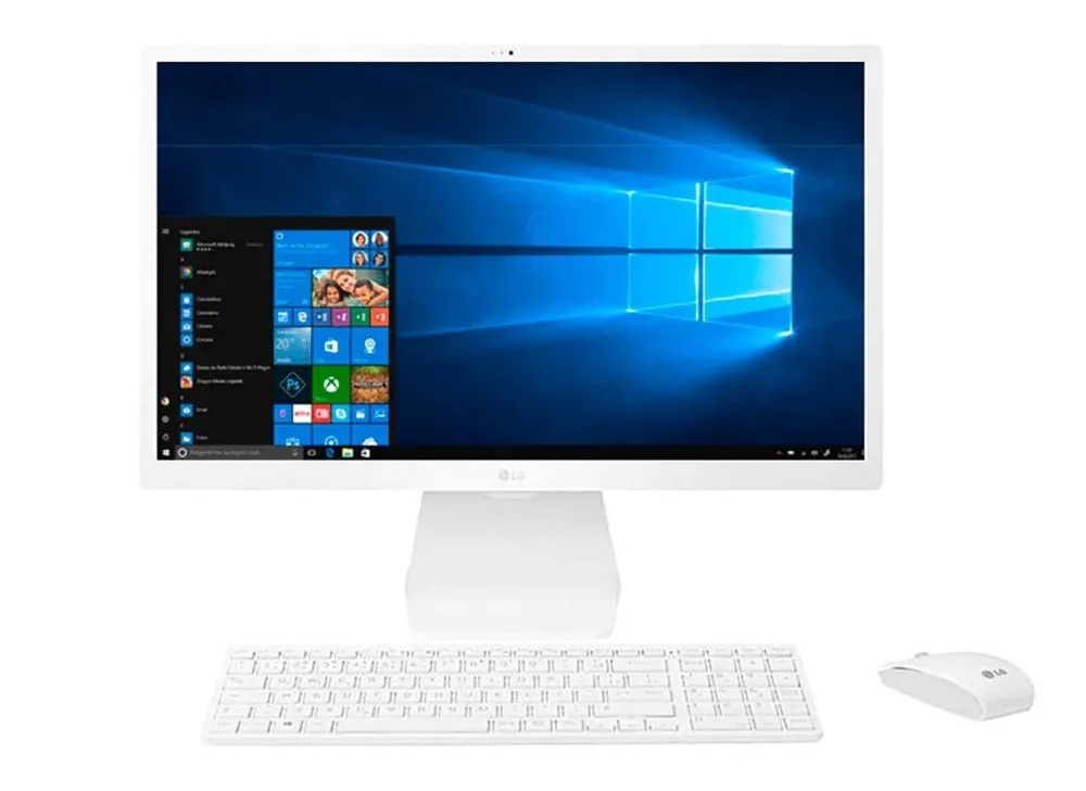Computador all in one LG 24V50N branco com teclado e mouse sem fio.
