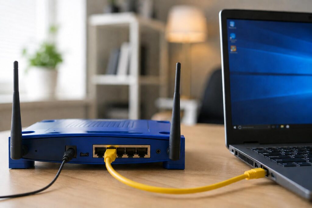 computador conectado ao roteador por cabo ethernet para testar a conexão com a internet