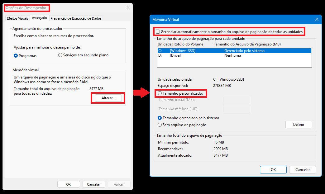 Configuração da memória virtual do Windows com arquivo de paginação gerenciado automaticamente pelo sistema.