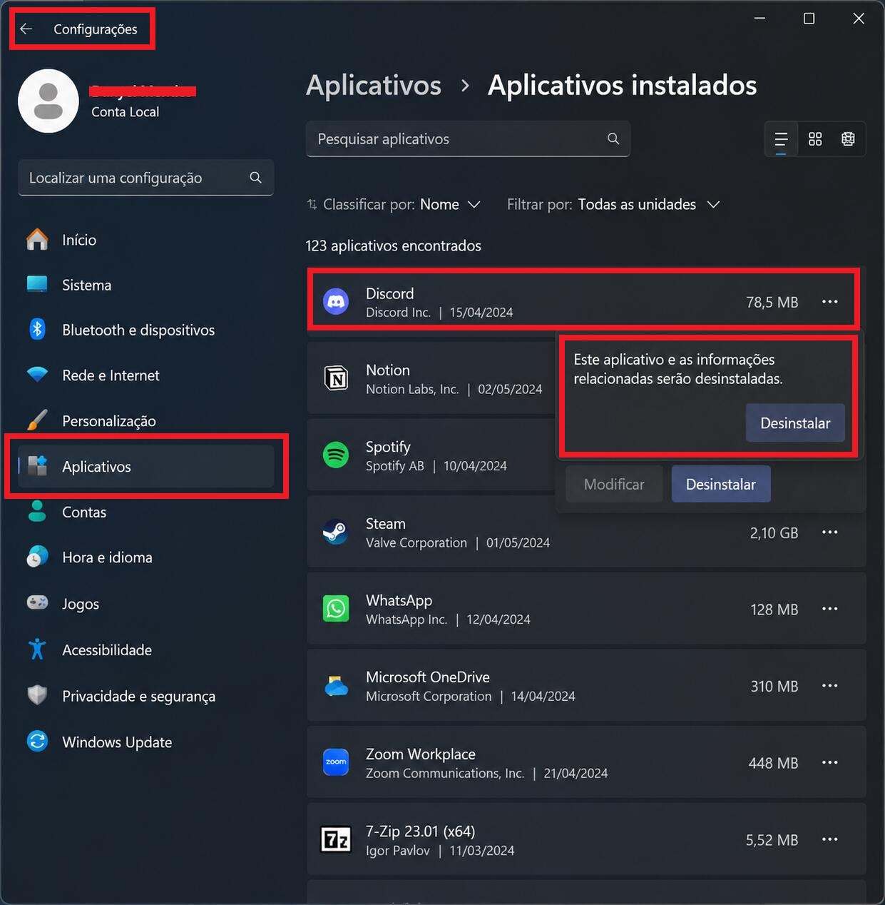 Tela de aplicativos instalados do Windows 11 mostrando a desinstalação de programas para liberar recursos do sistema e melhorar o desempenho do computador