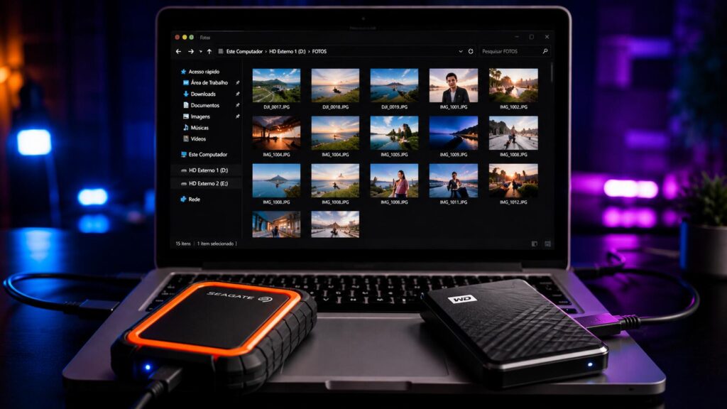 HDs externos conectados a notebook para backup de fotos e arquivos.
