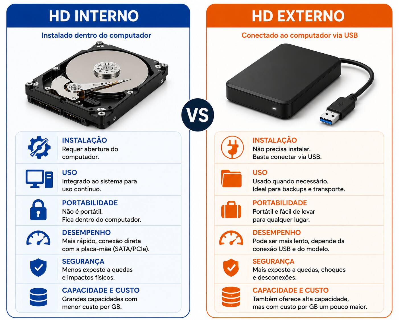 Infográfico comparando HD interno e HD externo, com diferenças de instalação, uso, portabilidade, desempenho, segurança e capacidade