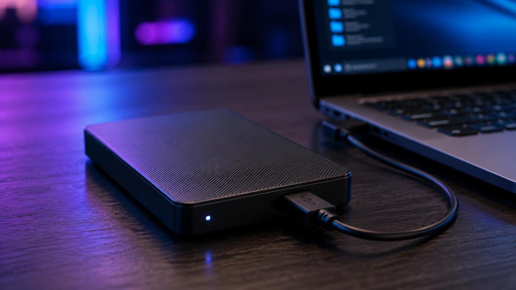 Ds externos, como este HD externo conectado ao notebook, servem para armazenar arquivos e fazer backup.