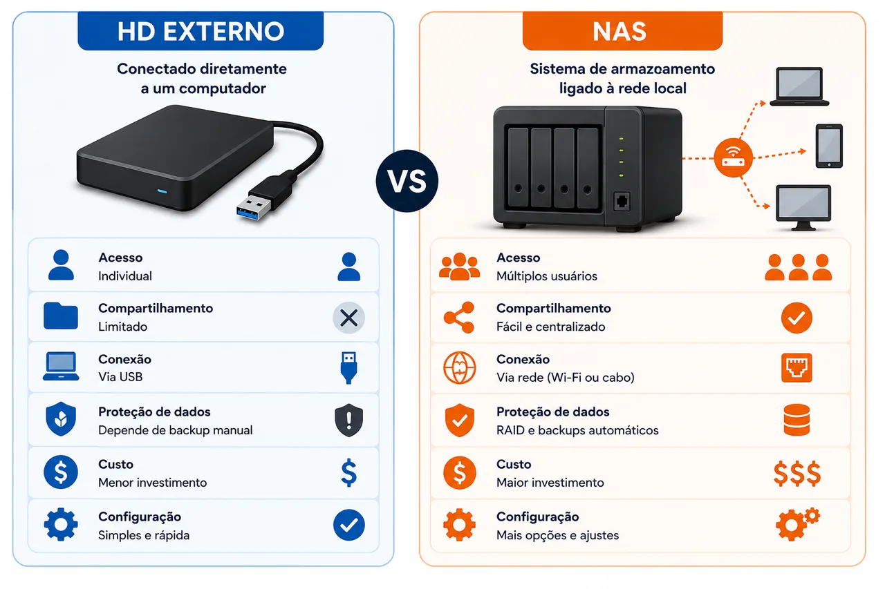 Infográfico comparando HD externo e NAS em acesso, compartilhamento, conexão, proteção de dados, custo e configuração