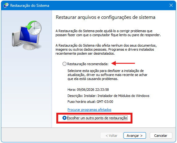 Restauração do sistema para resolver notebook travando na tela inicial