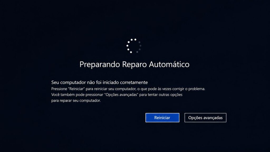 Tela Preparando Reparo Automático exibida após erro na inicialização do Windows durante o processo de recuperação do sistema.