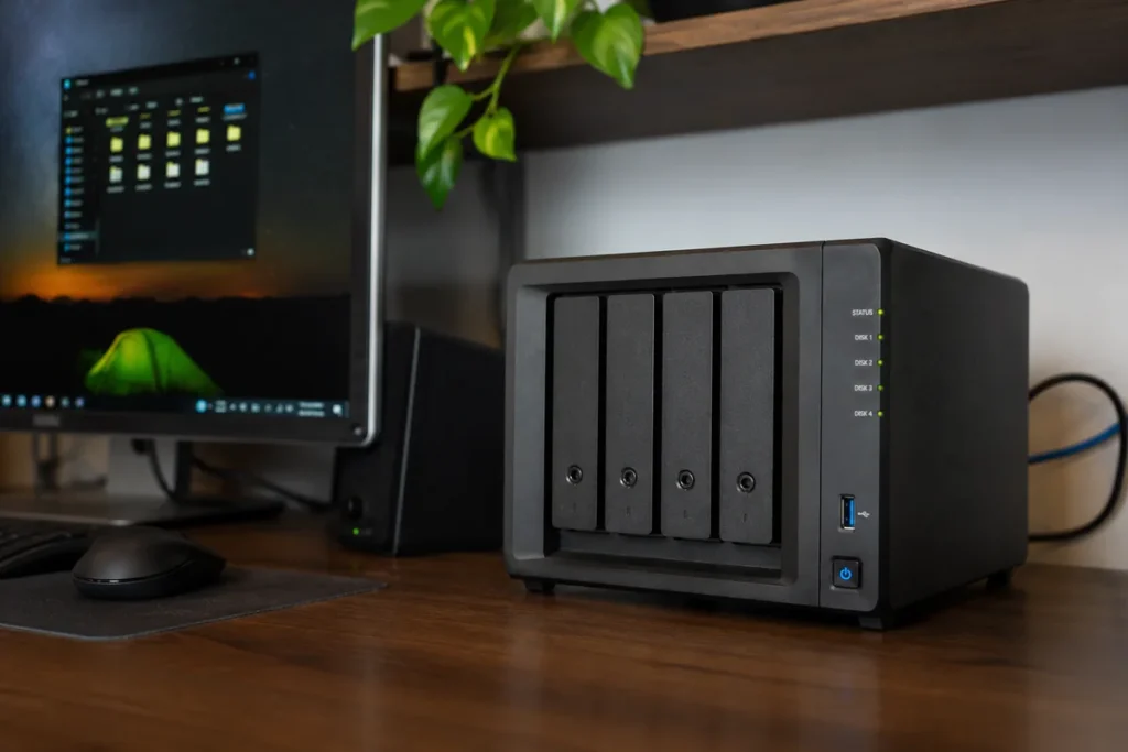 Storage NAS de 4 baias conectado à rede ao lado de um computador