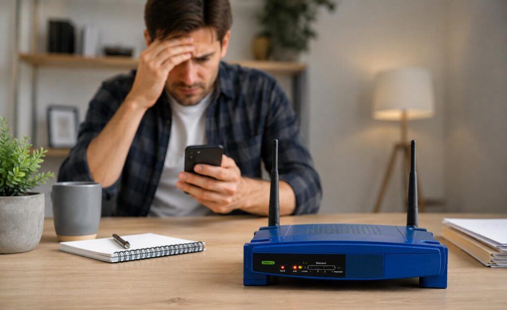 wifi nao funciona e usuário verifica o celular enquanto tenta restaurar a conexão