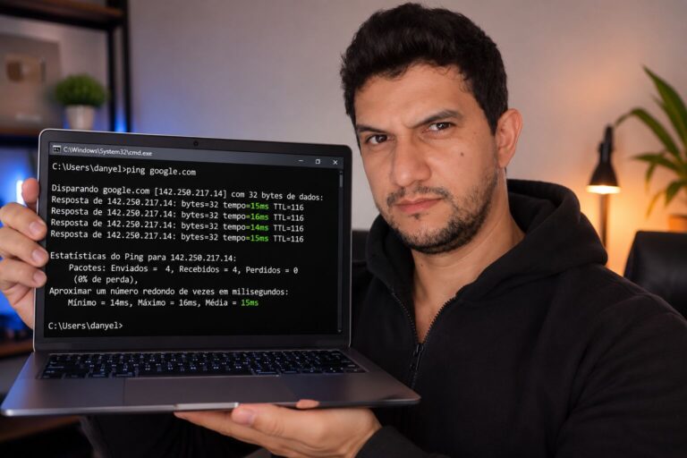 Ping da internet sendo medido em computador conectado ao roteador