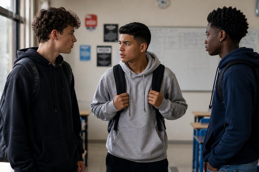Desafios mortais: adolescentes conversando sobre pressão de colegas na escola