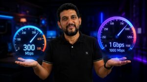 Giga é maior que Mega: comparação entre internet de 300 Mbps e 1 Gbps mostrando dois velocímetros digitais