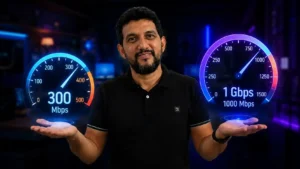 Giga é maior que Mega: comparação entre internet de 300 Mbps e 1 Gbps mostrando dois velocímetros digitais