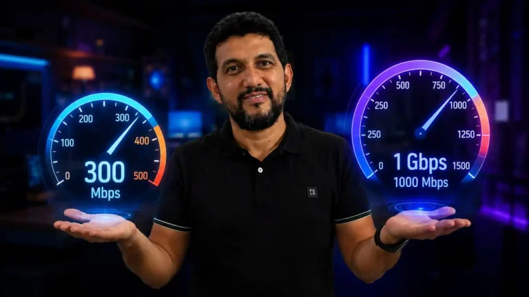 Giga é maior que Mega: comparação entre internet de 300 Mbps e 1 Gbps mostrando dois velocímetros digitais