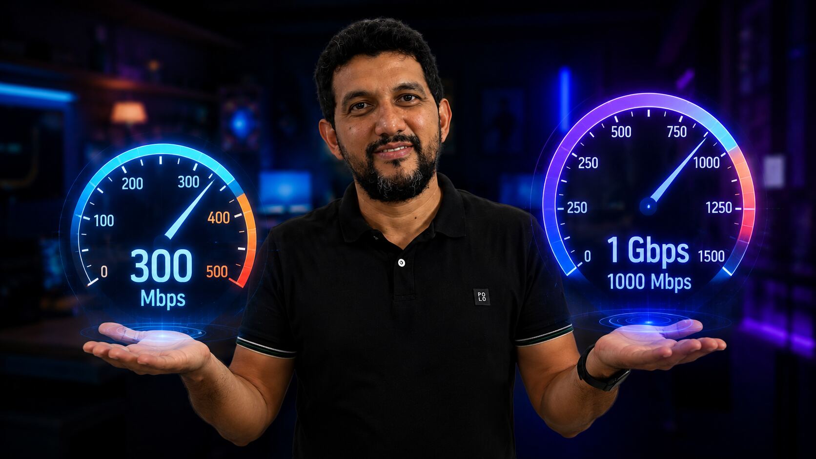 Giga é maior que Mega: comparação entre internet de 300 Mbps e 1 Gbps mostrando dois velocímetros digitais